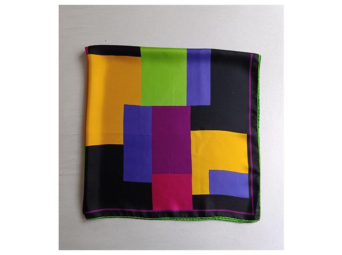 Foulard in seta Yves Saint Laurent Geometrico Nero Rosa Blu Verde Porpora Giallo - vista 3