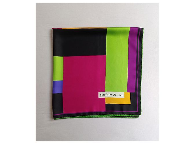 Foulard in seta Yves Saint Laurent Geometrico Nero Rosa Blu Verde Porpora Giallo - vista 4