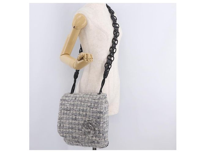 Bolsa de Ombro CHANEL Camellia Chain em Tweed Cinza com CC Prateado Auth ki6898M Marrom Prata - vista 27