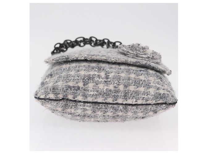 Bolsa de Ombro CHANEL Camellia Chain em Tweed Cinza com CC Prateado Auth ki6898M Marrom Prata - vista 5