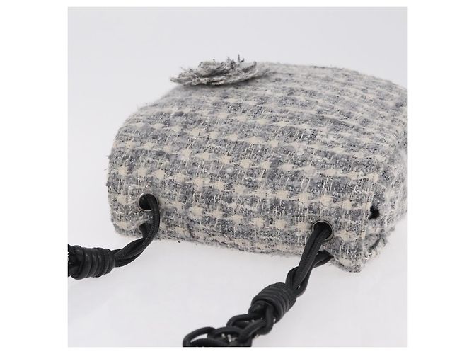 Bolsa de Ombro CHANEL Camellia Chain em Tweed Cinza com CC Prateado Auth ki6898M Marrom Prata - vista 6