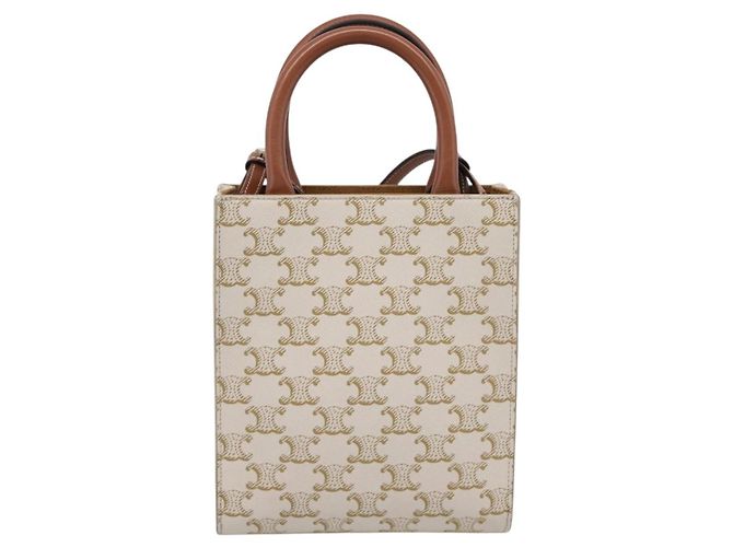 Céline CELINE Triomphe Mini Vertical Cabas Hand Bag PVC 2way White Gold Auth 207623V Weiß Golden - Ansicht 2