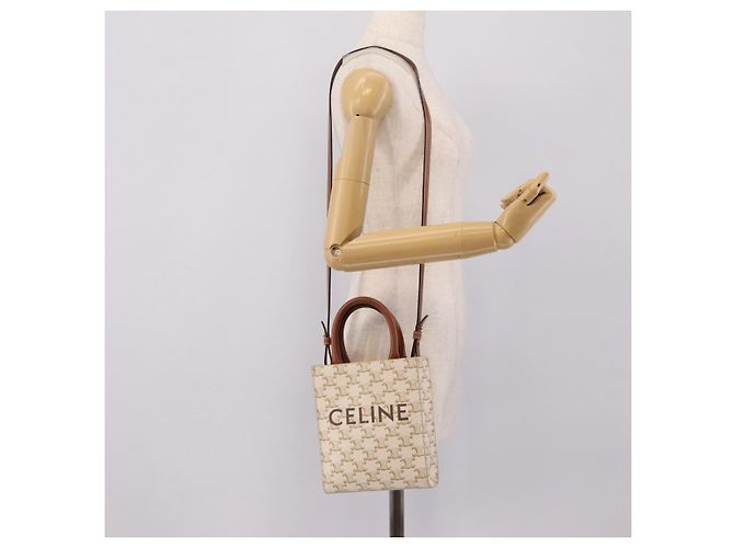 Céline CELINE Triomphe Mini Vertical Cabas Hand Bag PVC 2way White Gold Auth 207623V Weiß Golden - Ansicht 22