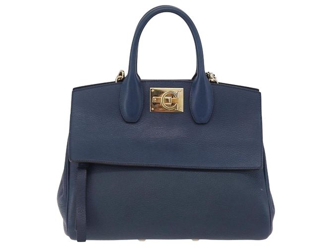 Salvatore Ferragamo Gancini Studio Tasche Leder 2way Navy Gold Auth 206236A - Ansicht 13