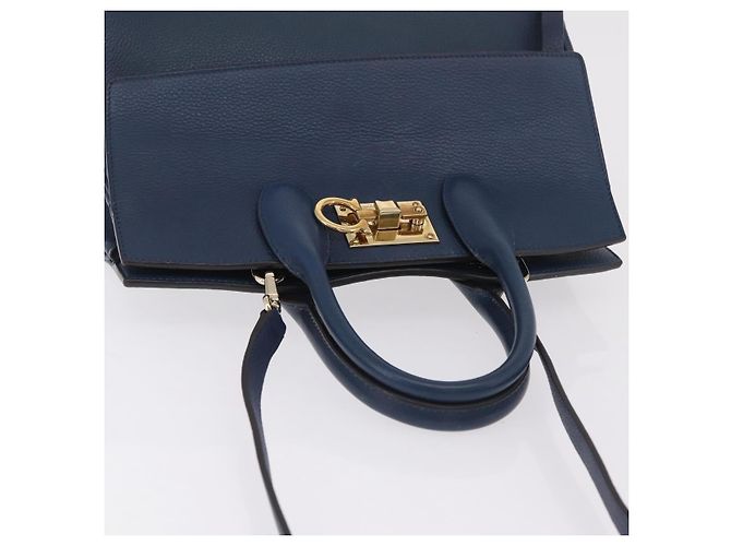Salvatore Ferragamo Gancini Studio Tasche Leder 2way Navy Gold Auth 206236A - Ansicht 7