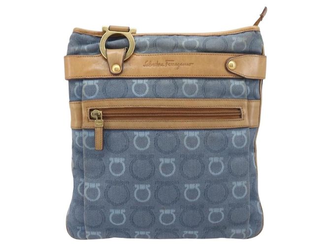 Borsa a tracolla Salvatore Ferragamo Gancini Canvas Blue Gold Tone Auth BA16108 - vista 13
