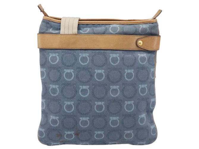 Borsa a tracolla Salvatore Ferragamo Gancini Canvas Blue Gold Tone Auth BA16108 - vista 2