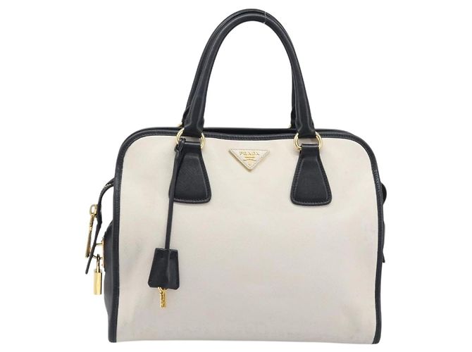 Saffiano Bolsa de mão PRADA Couro Safiano White Gold Auth bs37455A Branco Dourado - vista 13