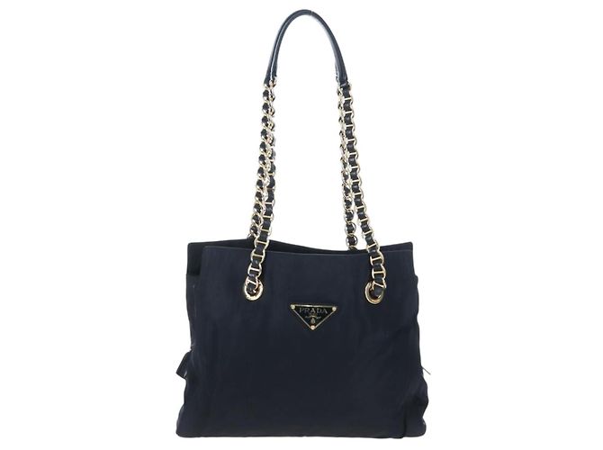 PRADA Chain Tote Bag Nylon Navy Gold Auth am12703V Golden Marineblau - Ansicht 13