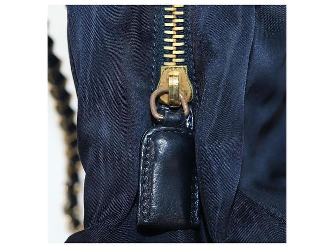 PRADA Chain Tote Bag Nylon Navy Gold Auth am12703V Golden Marineblau - Ansicht 27