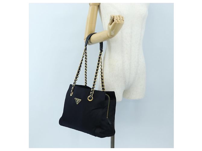 PRADA Chain Tote Bag Nylon Navy Gold Auth am12703V Golden Marineblau - Ansicht 29