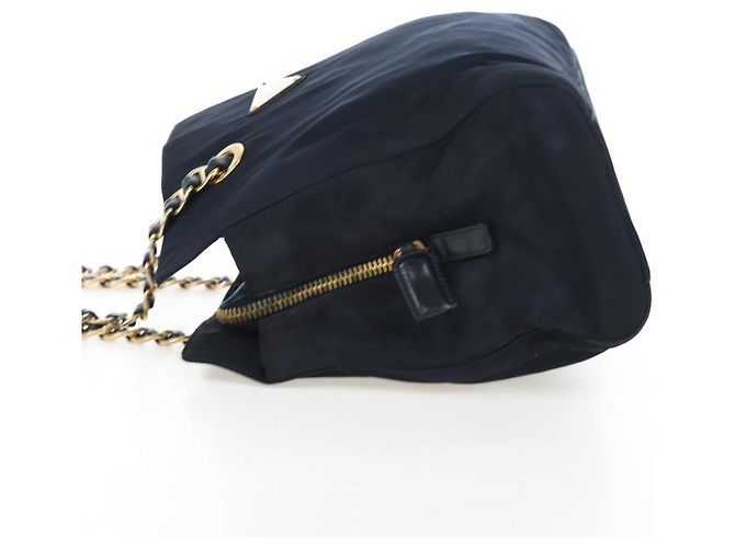 PRADA Chain Tote Bag Nylon Navy Gold Auth am12703V Golden Marineblau - Ansicht 3