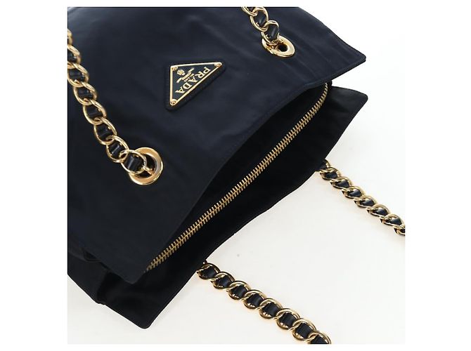 PRADA Chain Tote Bag Nylon Navy Gold Auth am12703V Golden Marineblau - Ansicht 6
