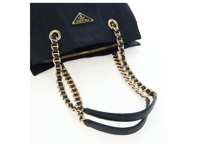 PRADA Chain Tote Bag Nylon Navy Gold Auth am12703V Golden Marineblau - Ansicht 7
