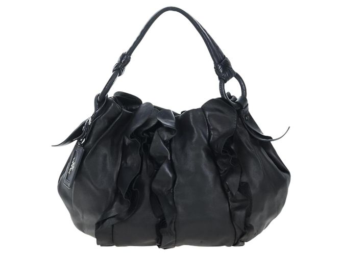 Borsa a tracolla con volant PRADA in pelle nera argento Auth am12754V Nero - vista 13