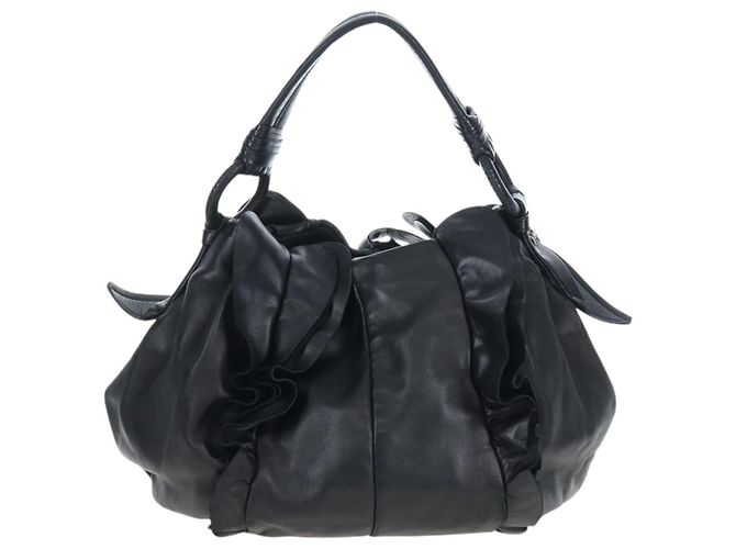 Borsa a tracolla con volant PRADA in pelle nera argento Auth am12754V Nero - vista 2