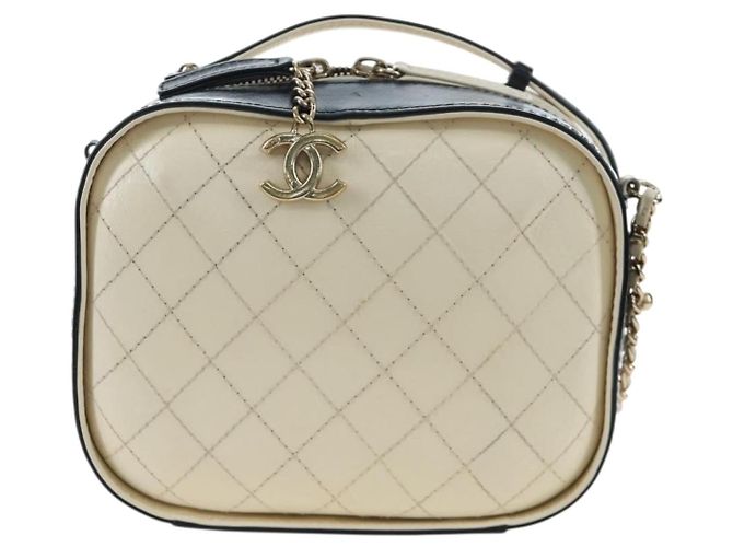 Bolso Vanity CHANEL Matelasse con cadena de cuero 2way White Gold CC Auth 206845A Blanco Dorado - vista 13