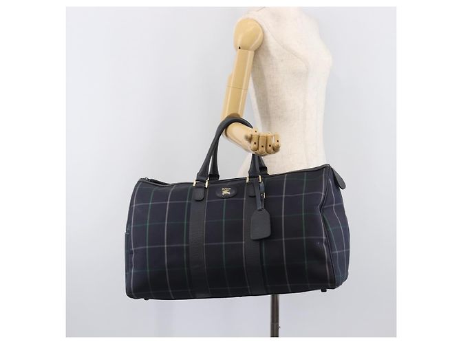 Burberrys Nova Check Boston Bag Canvas Navy Gold Auth 201462A Golden Marineblau - Ansicht 24