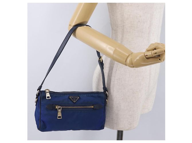 Sac à épaule PRADA Nylon Bleu Or Auth 202491 Doré - vue 29