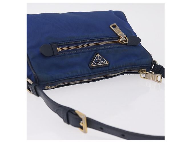 Sac à épaule PRADA Nylon Bleu Or Auth 202491 Doré - vue 7