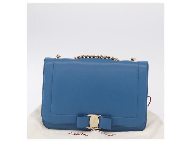 Borsa a tracolla Salvatore Ferragamo Vala Chain in pelle blu e oro autentica 207221V D'oro - vista 12