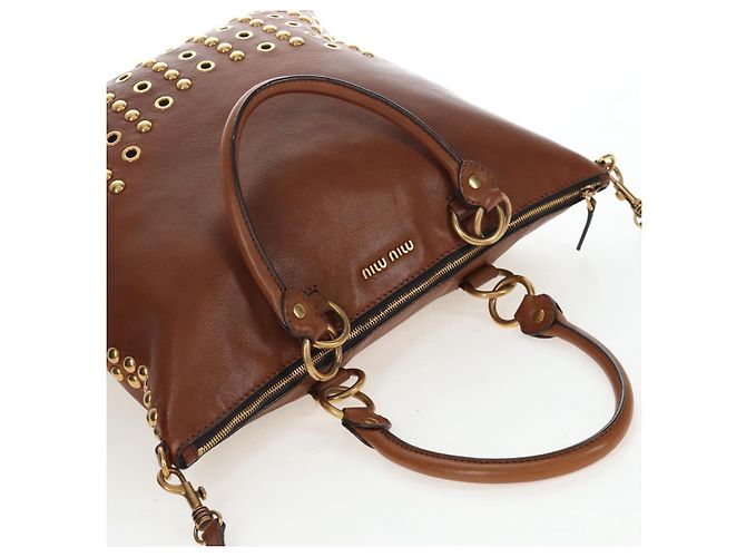 Sac à main Miu Miu en cuir 2way Marron Or Auth 202512A Doré - vue 7