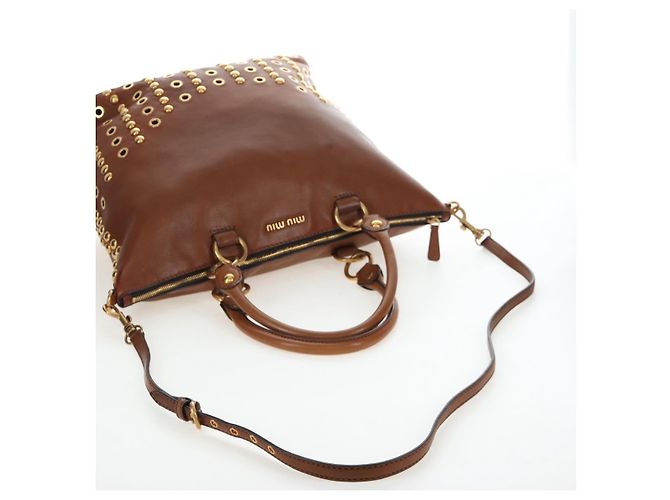 Sac à main Miu Miu en cuir 2way Marron Or Auth 202512A Doré - vue 9