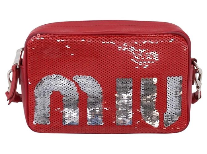 Miu Miu Schultertasche Leder Pailletten Rot Silber Auth 167643A - Ansicht 13