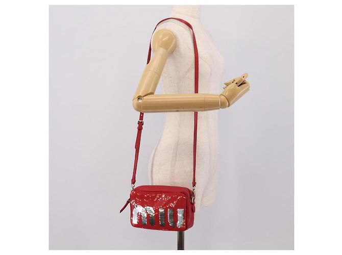 Miu Miu Schultertasche Leder Pailletten Rot Silber Auth 167643A - Ansicht 23