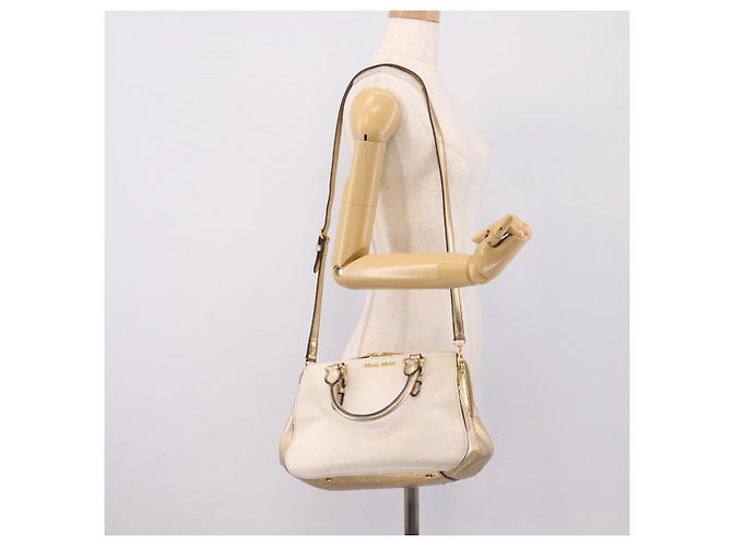 Bolsa de Mão Miu Miu Madras Leather 2way Gold Auth 207611A Dourado - vista 28
