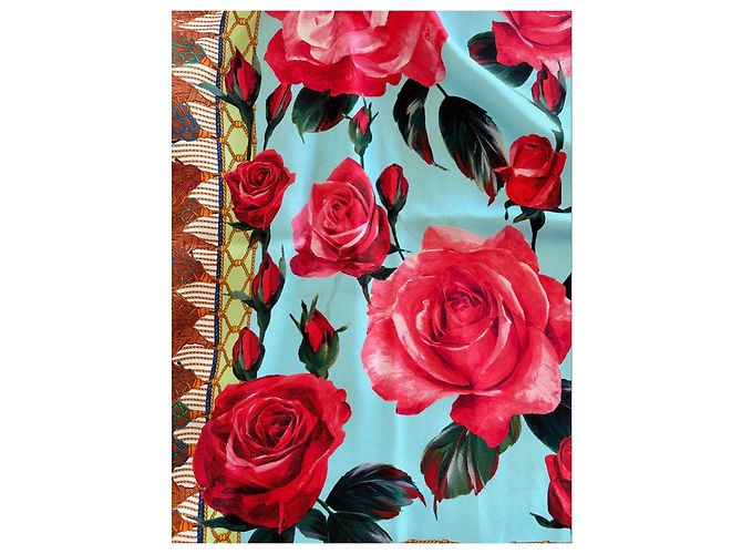 Dolce & Gabbana Seidentop mit Rosenprint Blu Mediterraneo Braun Pink Rot Grün Hellblau - Ansicht 4