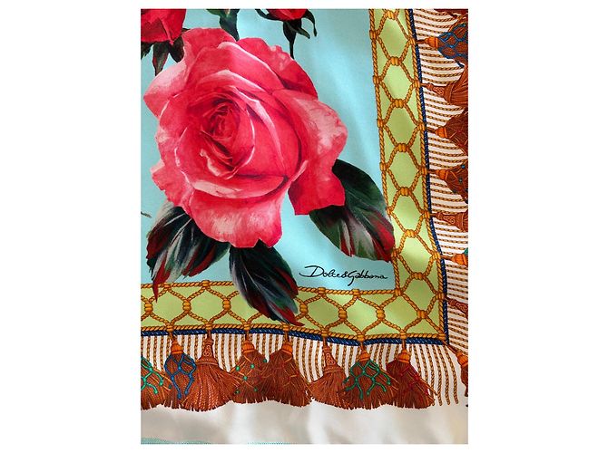 Dolce & Gabbana Seidentop mit Rosenprint Blu Mediterraneo Braun Pink Rot Grün Hellblau - Ansicht 5