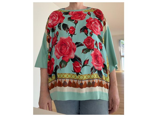 Dolce & Gabbana Seidentop mit Rosenprint Blu Mediterraneo Braun Pink Rot Grün Hellblau - Ansicht 9
