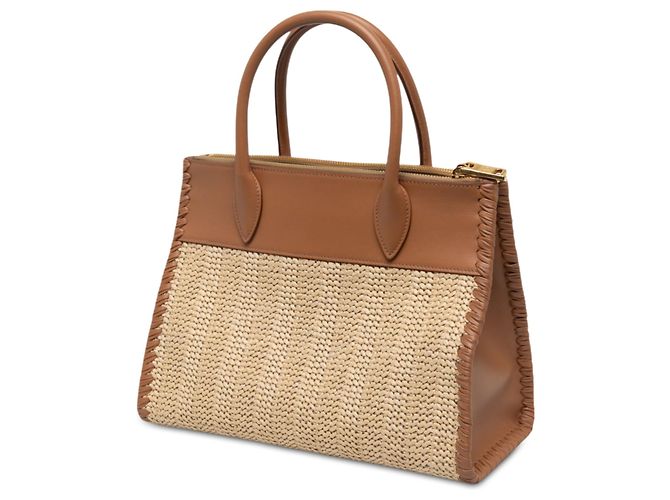 Double Borsa Satchel Paradigme Prada in rafia e vitello City Calf beige con cuciture a vista - vista 2