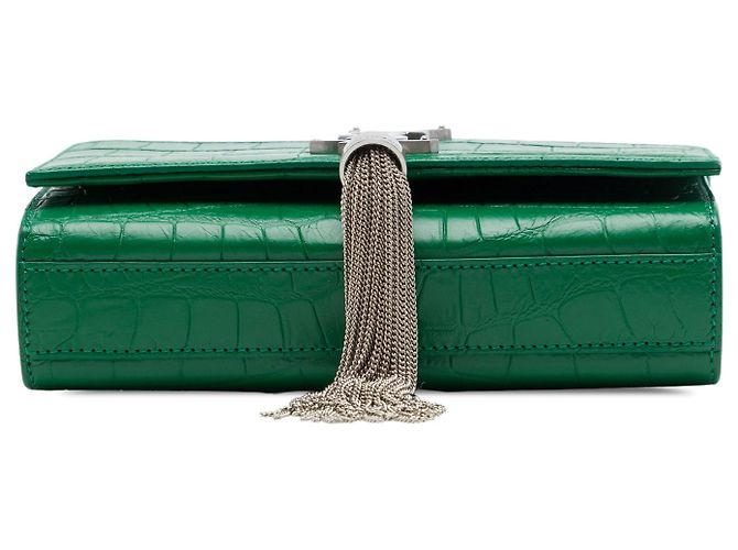 Autre Marque Borsa a tracolla Saint Laurent Kate Tassel Small in pelle embossed croc verde con monogramma - vista 3
