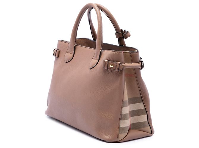 Borsa Satchel Burberry Medium in vitello marrone e House Check Banner - vista 2