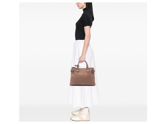 Borsa Satchel Burberry Medium in vitello marrone e House Check Banner - vista 6