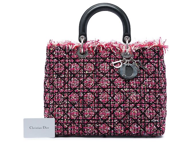 Bolso Lady Dior Satchel Large de Tweed Cannage Rosa con Flecos - vista 6