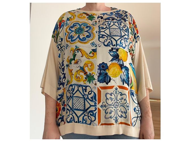Dolce & Gabbana Maiolica Seidentop Weiß Blau Grün Orange Gelb - Ansicht 9