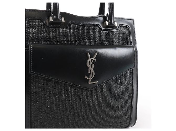Autre Marque Saint Laurent Paris Uptown Small Leather x Raffia Handbag in Black 561203 Nero - vista 10