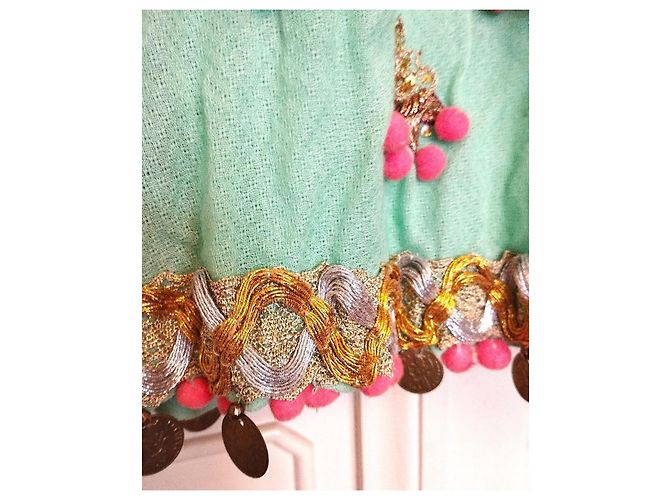 Manoush Vestido Féerie Piecettes Bordado em Lã de Algodão e Couro Rosa Turquesa Gold hardware - vista 10