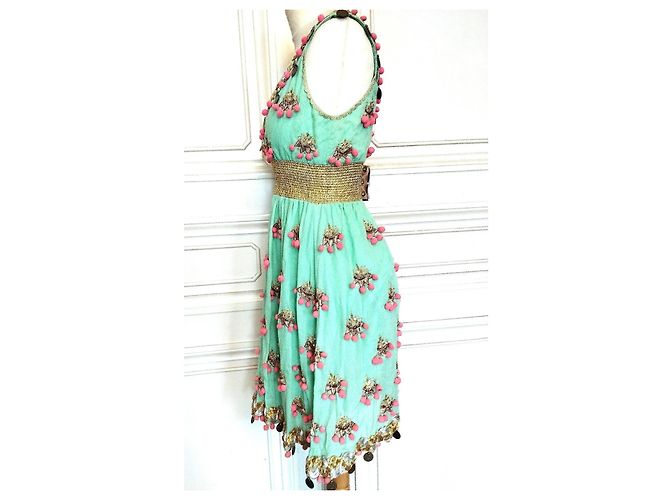 Manoush Vestido Féerie Piecettes Bordado em Lã de Algodão e Couro Rosa Turquesa Gold hardware - vista 11