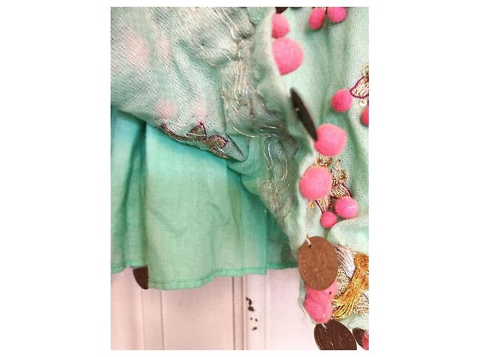 Manoush Vestido Féerie Piecettes Bordado em Lã de Algodão e Couro Rosa Turquesa Gold hardware - vista 12
