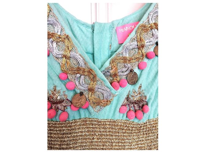 Manoush Vestido Féerie Piecettes Bordado em Lã de Algodão e Couro Rosa Turquesa Gold hardware - vista 13