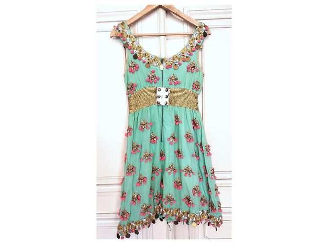 Manoush Vestido Féerie Piecettes Bordado em Lã de Algodão e Couro Rosa Turquesa Gold hardware - vista 14