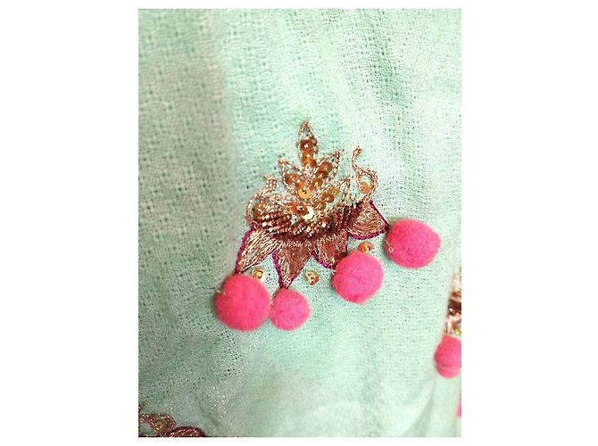 Manoush Vestido Féerie Piecettes Bordado em Lã de Algodão e Couro Rosa Turquesa Gold hardware - vista 19