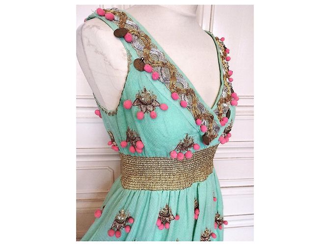 Manoush Vestido Féerie Piecettes Bordado em Lã de Algodão e Couro Rosa Turquesa Gold hardware - vista 20