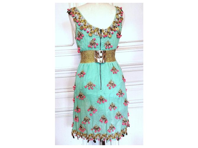 Manoush Vestido Féerie Piecettes Bordado em Lã de Algodão e Couro Rosa Turquesa Gold hardware - vista 3