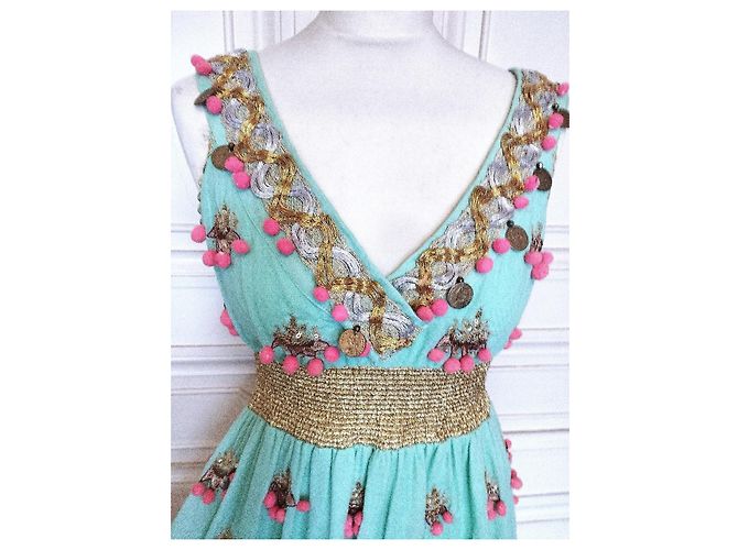 Manoush Vestido Féerie Piecettes Bordado em Lã de Algodão e Couro Rosa Turquesa Gold hardware - vista 4