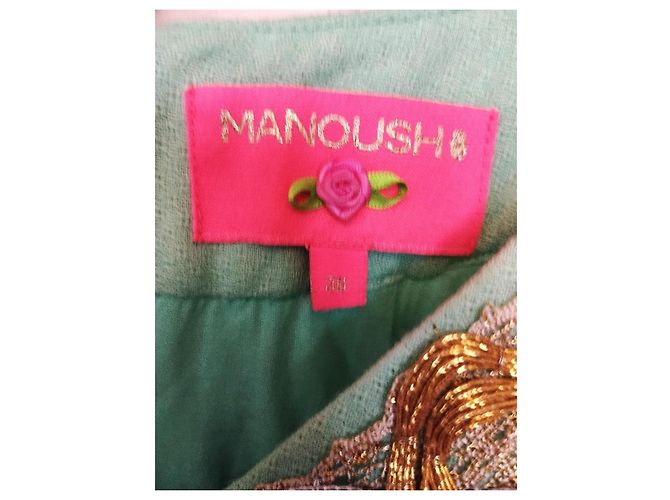 Manoush Vestido Féerie Piecettes Bordado em Lã de Algodão e Couro Rosa Turquesa Gold hardware - vista 5
